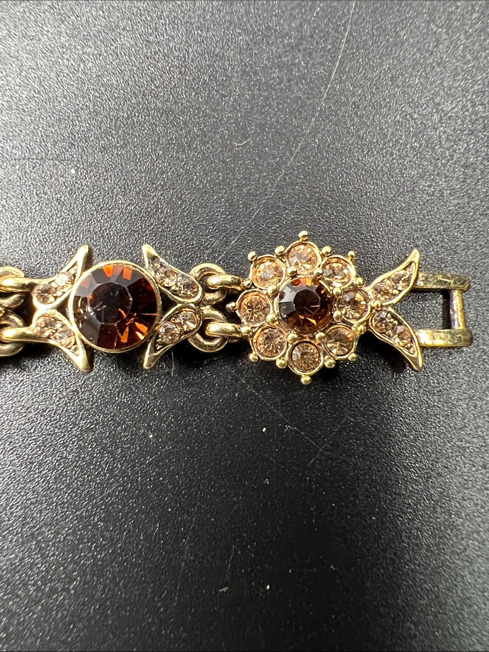 Vintage Monet Amber Topaz Rhinestone Floral Bracelet 7.5” Gold Tone - Picture 8 of 12